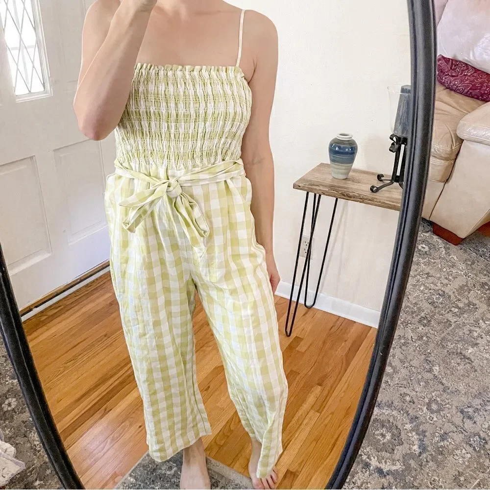 House Of Harlow Linen Gingham Smocked Jumpsuit Lime Green